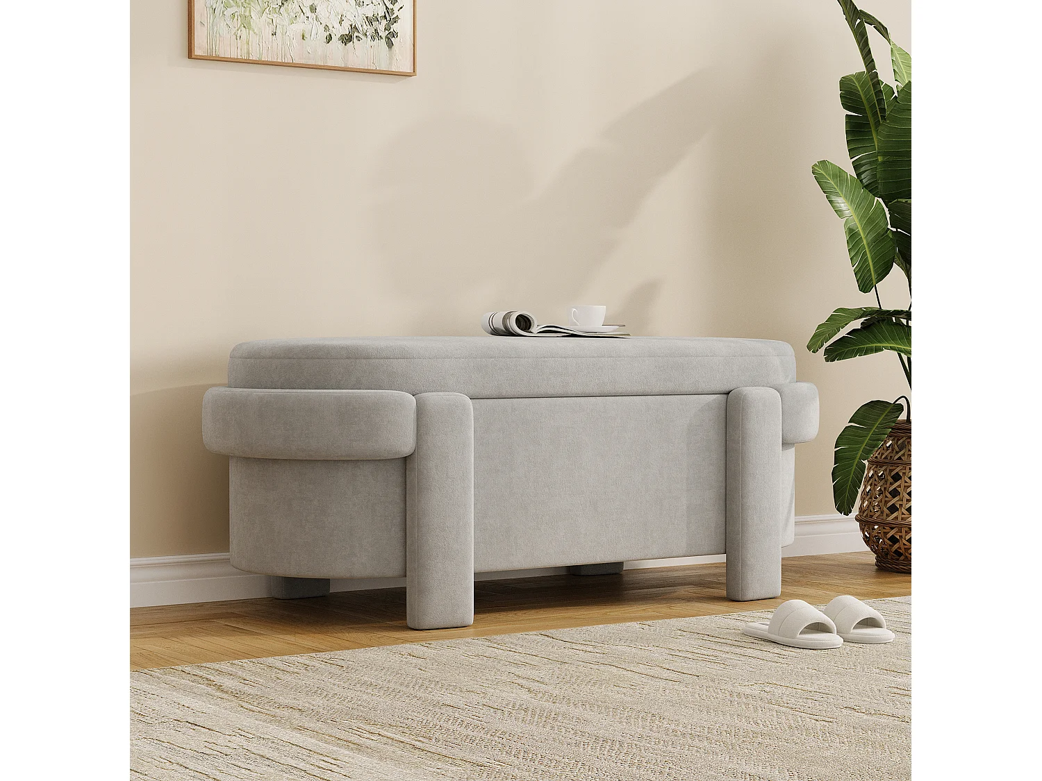 Gepolsterte Aufbewahrungsbank mit Deckel – 121,5 x 49 x 44,5 cm – Fleece-Optik – für Wohn-/Schlafzimmer – Fleece – Grau