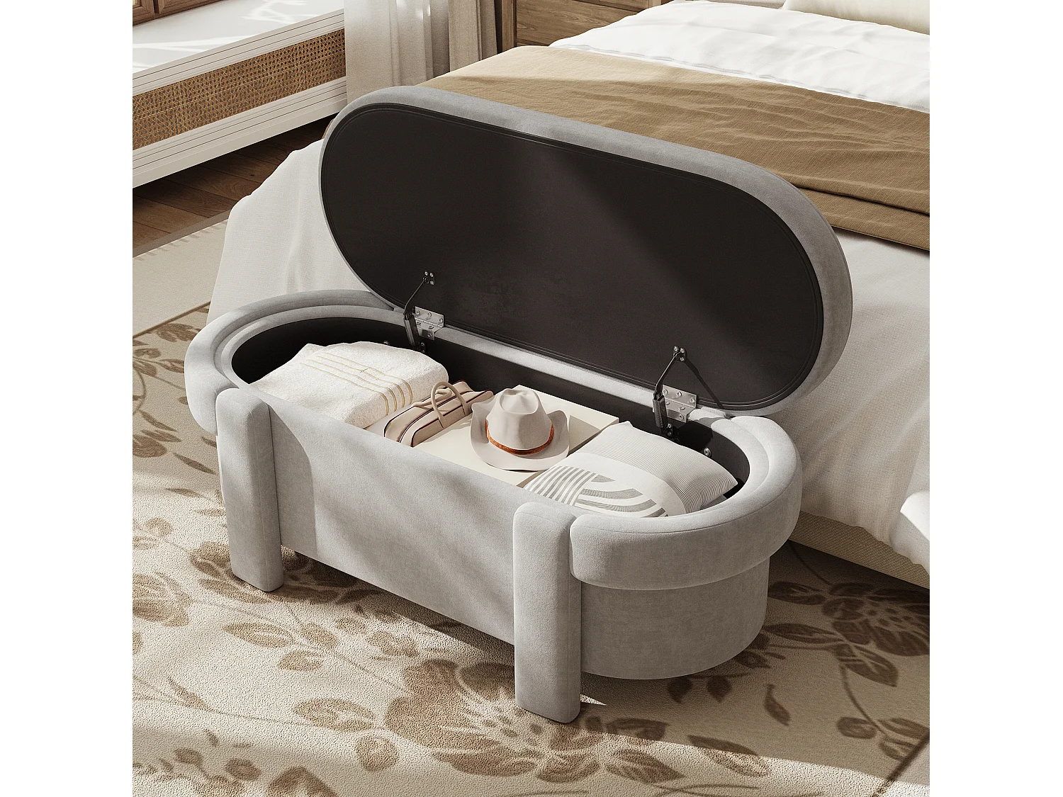 Gepolsterte Aufbewahrungsbank mit Deckel – 121,5 x 49 x 44,5 cm – Fleece-Optik – für Wohn-/Schlafzimmer – Fleece – Grau