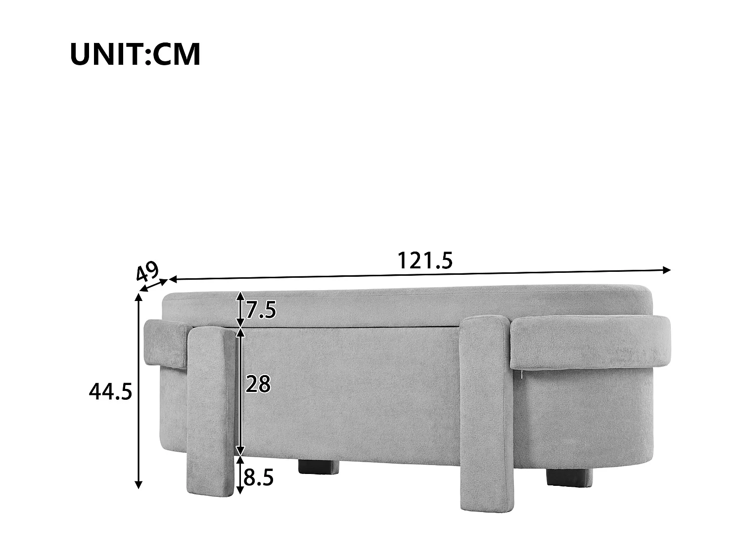 Gepolsterte Aufbewahrungsbank mit Deckel – 121,5 x 49 x 44,5 cm – Fleece-Optik – für Wohn-/Schlafzimmer – Fleece – Grau