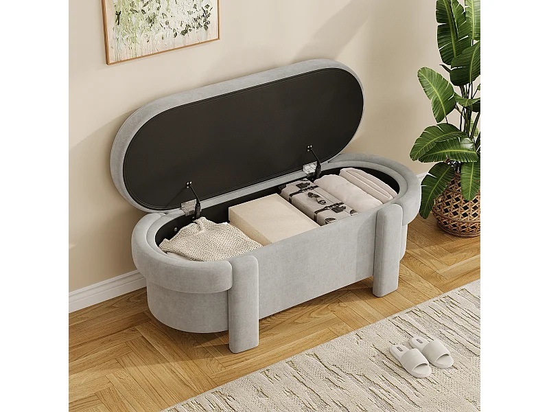 Gepolsterte Aufbewahrungsbank mit Deckel – 121,5 x 49 x 44,5 cm – Fleece-Optik – für Wohn-/Schlafzimmer – Fleece – Grau