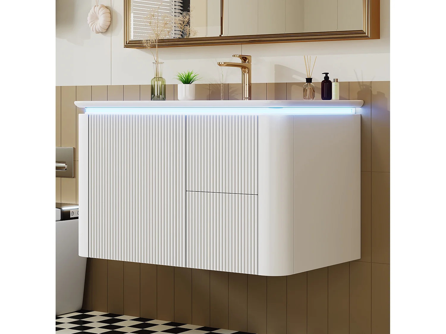 Szafka ścienna pod umywalkę ceramiczną z pojedynczą umywalką - 80,5 x 47 x 51 cm - wykończenie lakierowane - z diodami LED + 3 szuflady - ceramika + MDF - biała