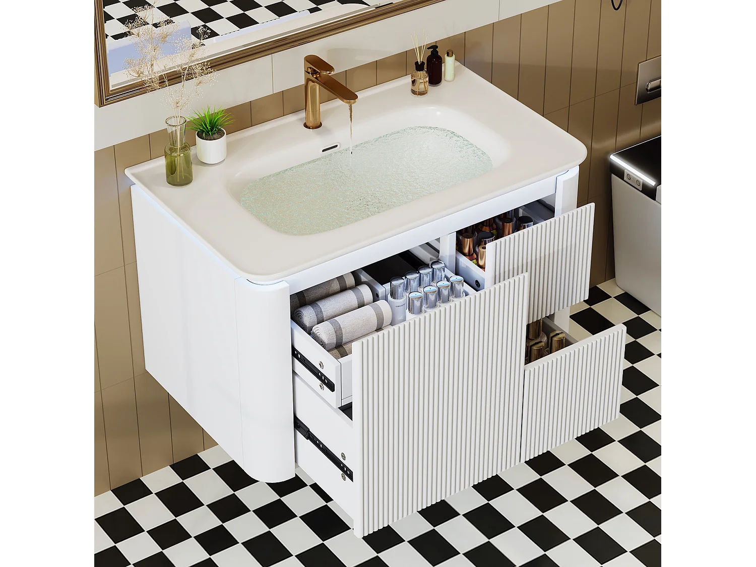 Szafka ścienna pod umywalkę ceramiczną z pojedynczą umywalką - 80,5 x 47 x 51 cm - wykończenie lakierowane - z diodami LED + 3 szuflady - ceramika + MDF - biała