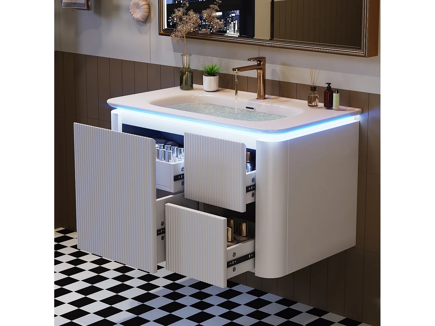 Szafka ścienna pod umywalkę ceramiczną z pojedynczą umywalką - 80,5 x 47 x 51 cm - wykończenie lakierowane - z diodami LED + 3 szuflady - ceramika + MDF - biała