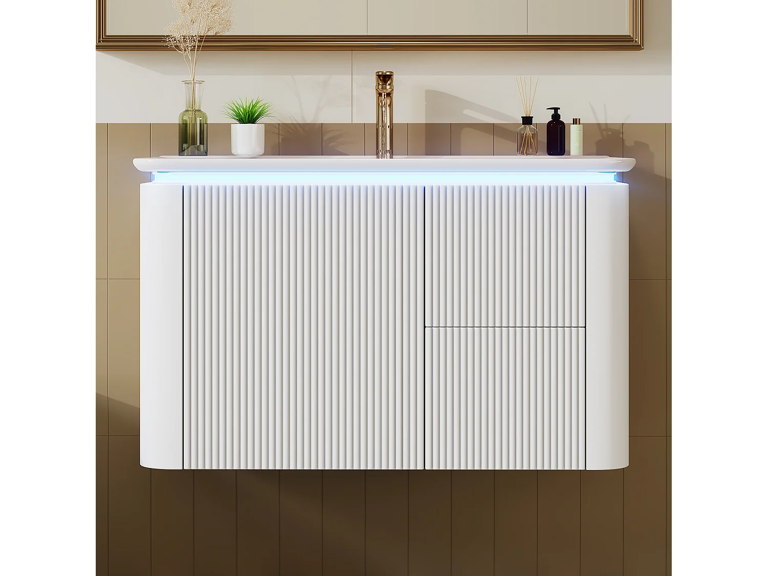 Szafka ścienna pod umywalkę ceramiczną z pojedynczą umywalką - 80,5 x 47 x 51 cm - wykończenie lakierowane - z diodami LED + 3 szuflady - ceramika + MDF - biała