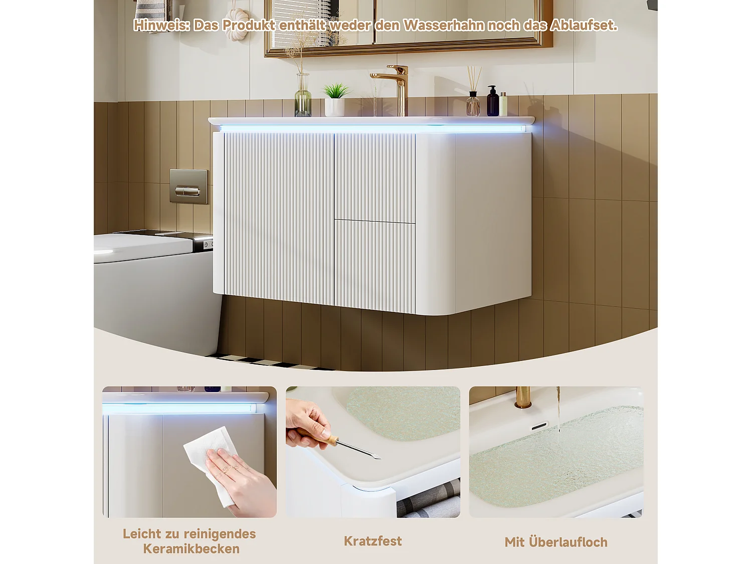 Szafka ścienna pod umywalkę ceramiczną z pojedynczą umywalką - 80,5 x 47 x 51 cm - wykończenie lakierowane - z diodami LED + 3 szuflady - ceramika + MDF - biała