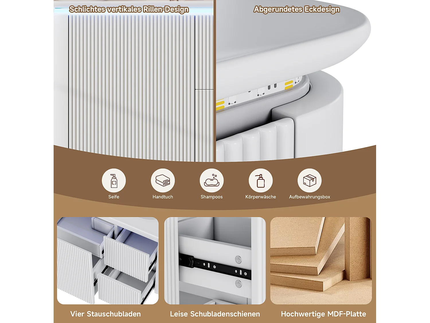 Szafka ścienna pod umywalkę ceramiczną z pojedynczą umywalką - 80,5 x 47 x 51 cm - wykończenie lakierowane - z diodami LED + 3 szuflady - ceramika + MDF - biała