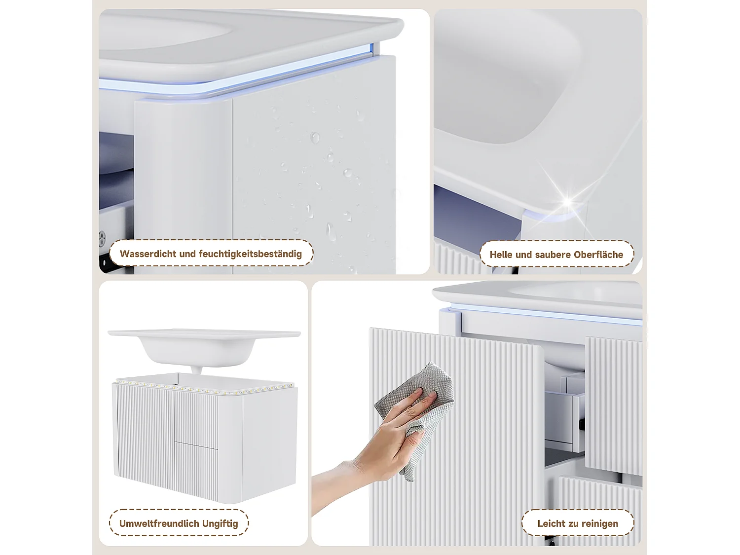 Szafka ścienna pod umywalkę ceramiczną z pojedynczą umywalką - 80,5 x 47 x 51 cm - wykończenie lakierowane - z diodami LED + 3 szuflady - ceramika + MDF - biała