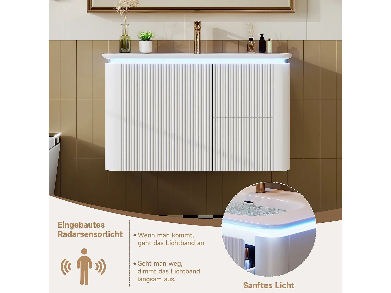 Szafka ścienna pod umywalkę ceramiczną z pojedynczą umywalką - 80,5 x 47 x 51 cm - wykończenie lakierowane - z diodami LED + 3 szuflady - ceramika + MDF - biała