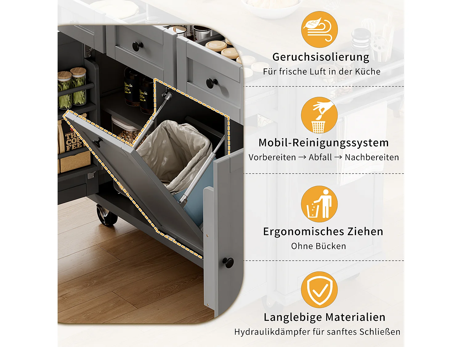 Keukeneiland op wielen - 131,2 x 46,2 / 76,2 x 92,7 cm - inklapbaar blad - met 3 deuren + 3 lades - MDF - grijs