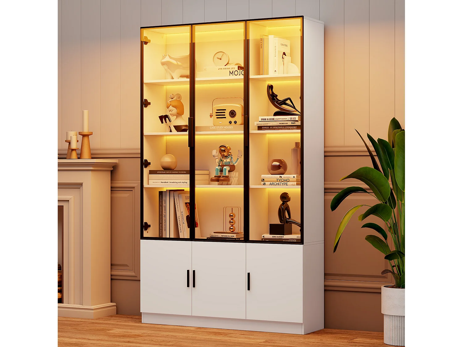 Moderne hoge vitrinekast - 120 x 32 x 200 cm - met LED-verlichting + 3 glazen deuren + 3 houten deuren - MDF - wit