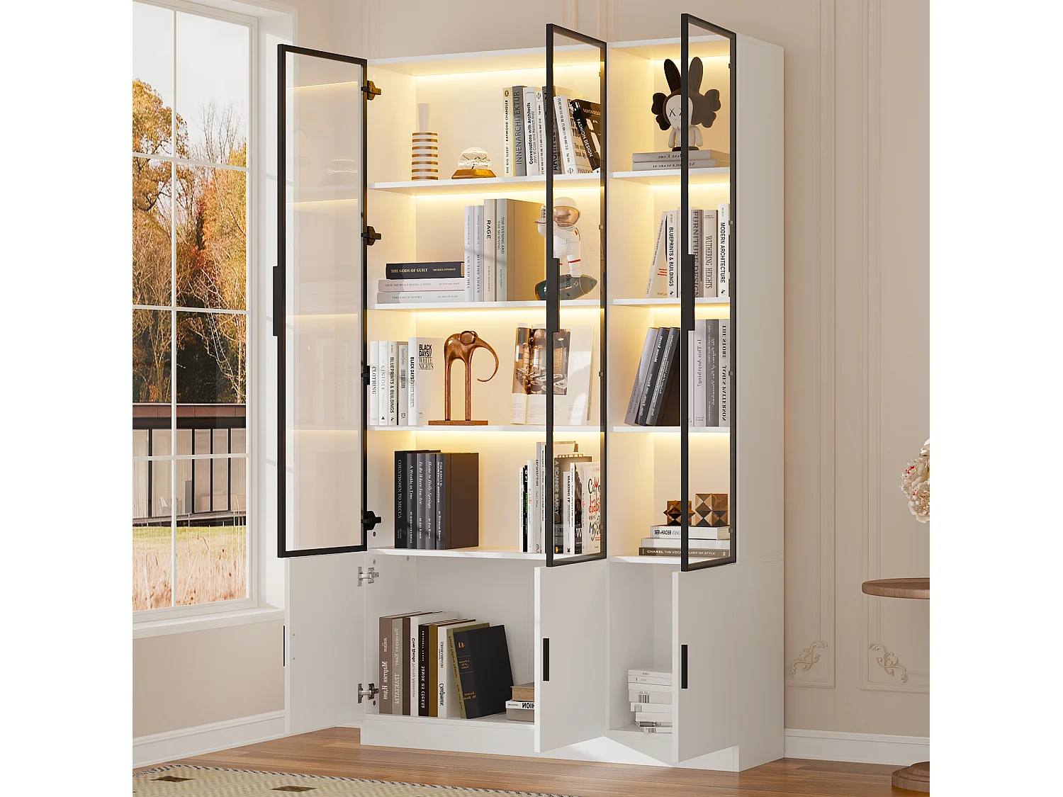 Moderne hoge vitrinekast - 120 x 32 x 200 cm - met LED-verlichting + 3 glazen deuren + 3 houten deuren - MDF - wit