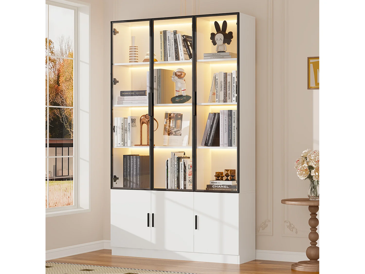 Moderne hoge vitrinekast - 120 x 32 x 200 cm - met LED-verlichting + 3 glazen deuren + 3 houten deuren - MDF - wit