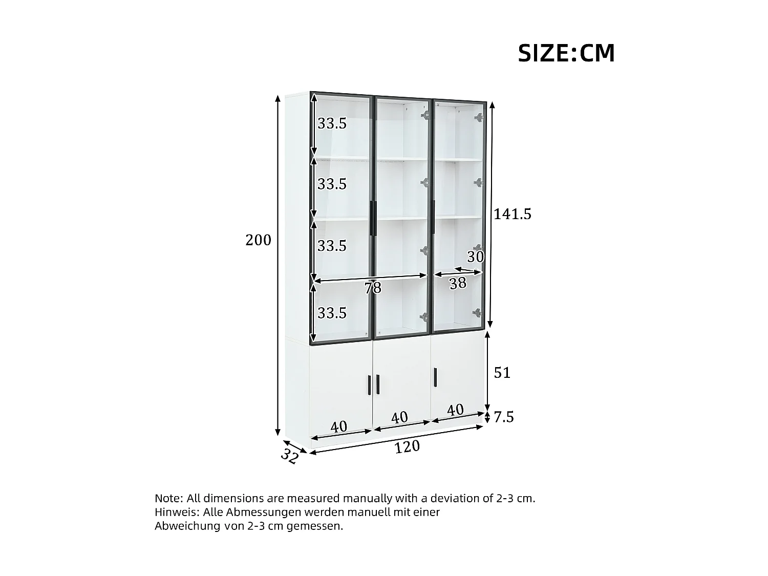 Moderne hoge vitrinekast - 120 x 32 x 200 cm - met LED-verlichting + 3 glazen deuren + 3 houten deuren - MDF - wit