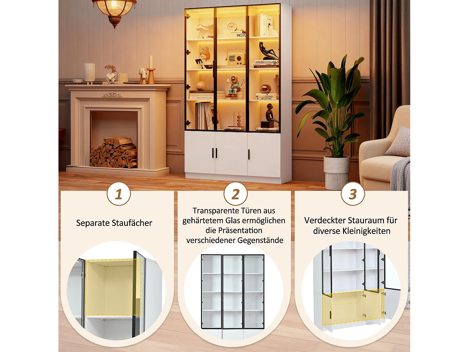 Moderne hoge vitrinekast - 120 x 32 x 200 cm - met LED-verlichting + 3 glazen deuren + 3 houten deuren - MDF - wit