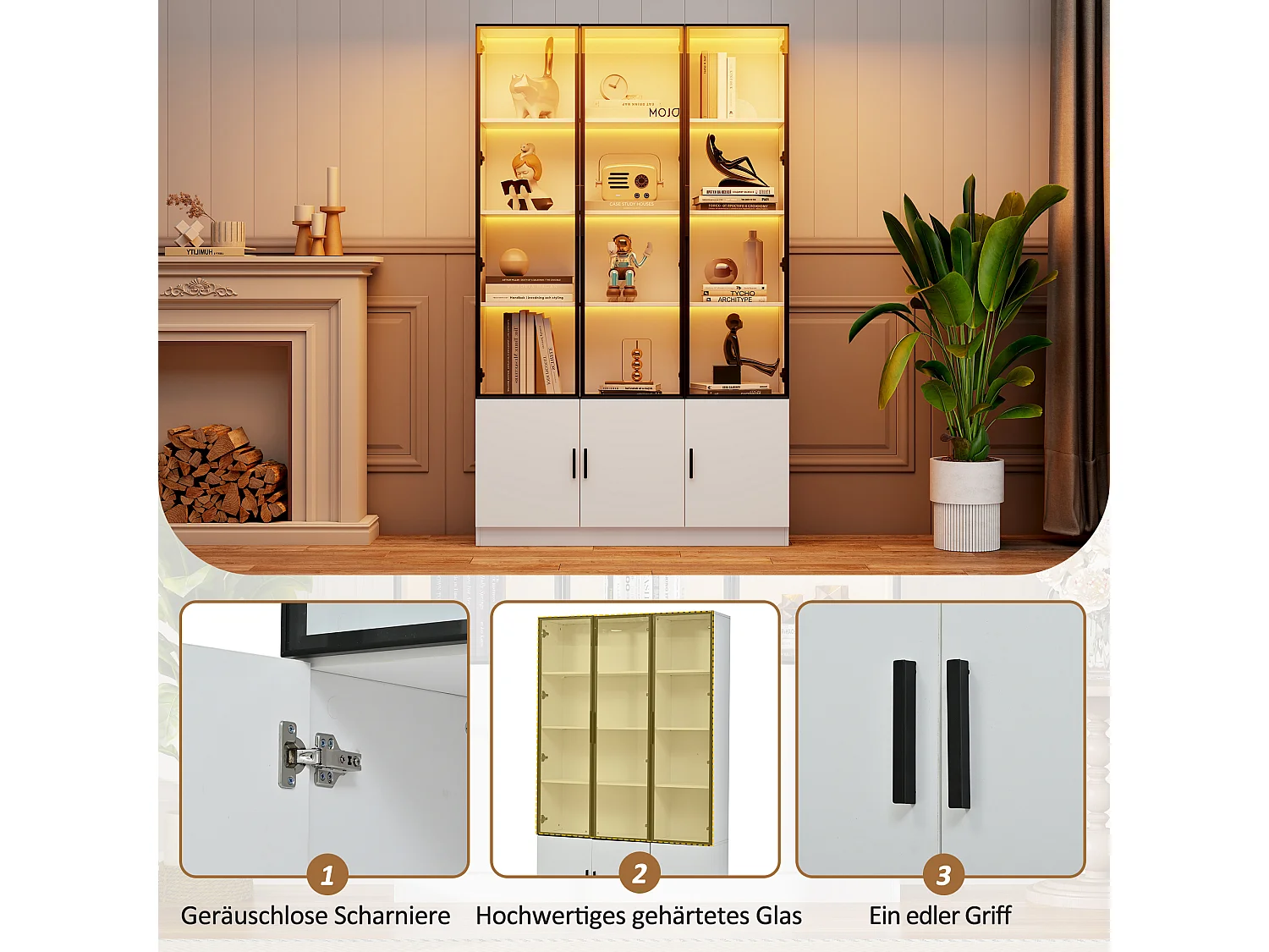 Moderne hoge vitrinekast - 120 x 32 x 200 cm - met LED-verlichting + 3 glazen deuren + 3 houten deuren - MDF - wit