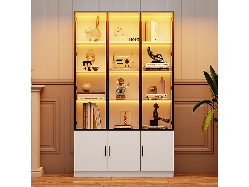 Moderne hoge vitrinekast - 120 x 32 x 200 cm - met LED-verlichting + 3 glazen deuren + 3 houten deuren - MDF - wit