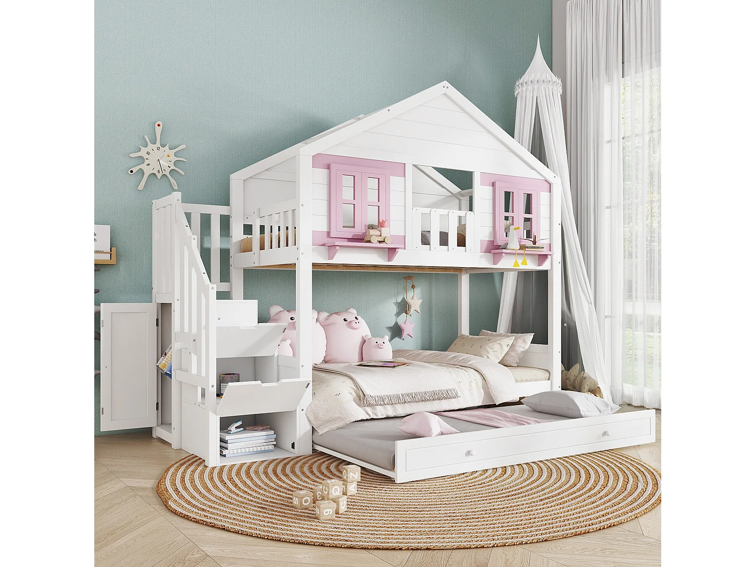 Litera con cama nido - 2 x 90 x 200 cm - con escalera de almacenaje + ventanas + techo - pino + MDF - blanco + rosa