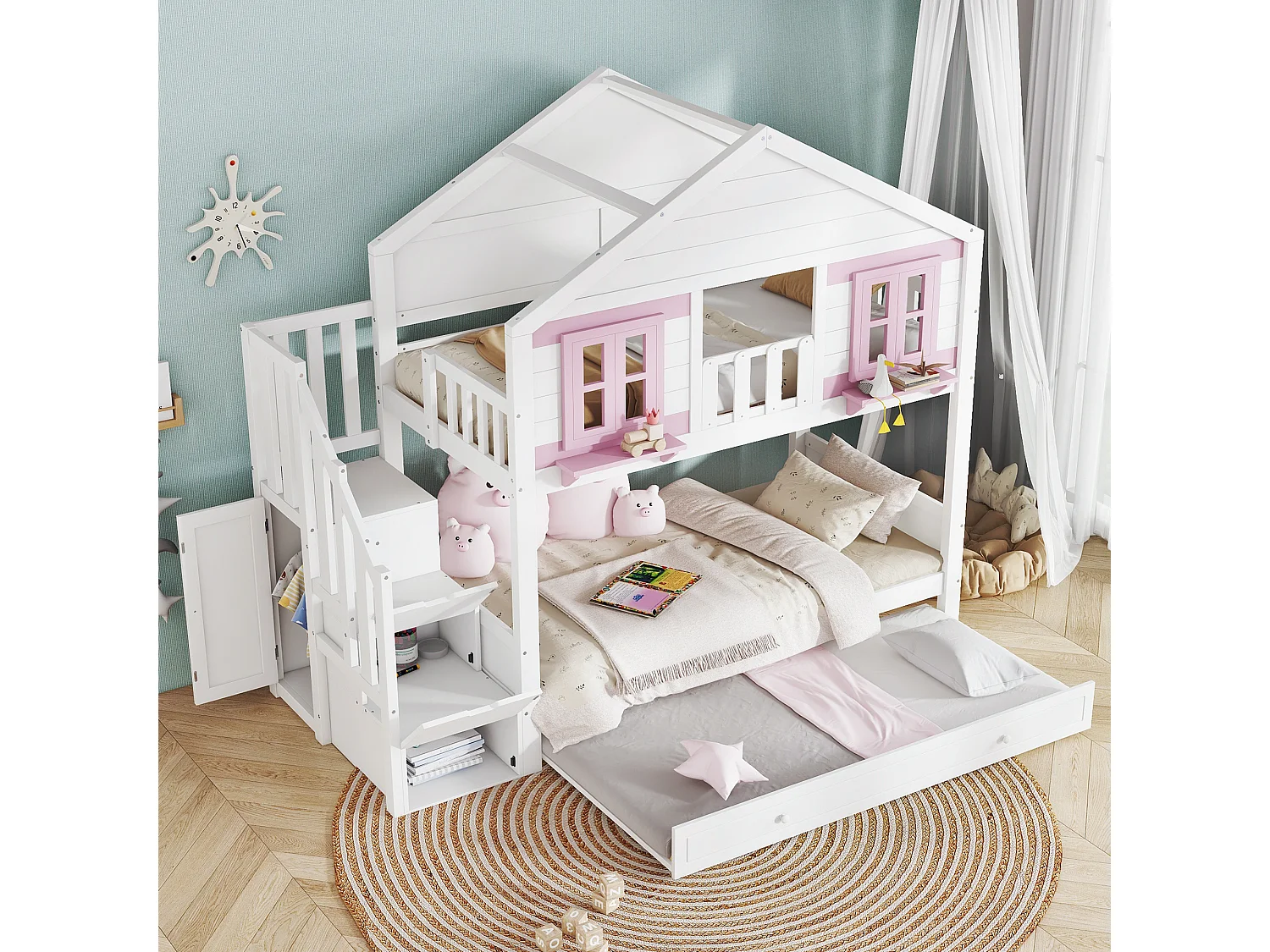 Litera con cama nido - 2 x 90 x 200 cm - con escalera de almacenaje + ventanas + techo - pino + MDF - blanco + rosa