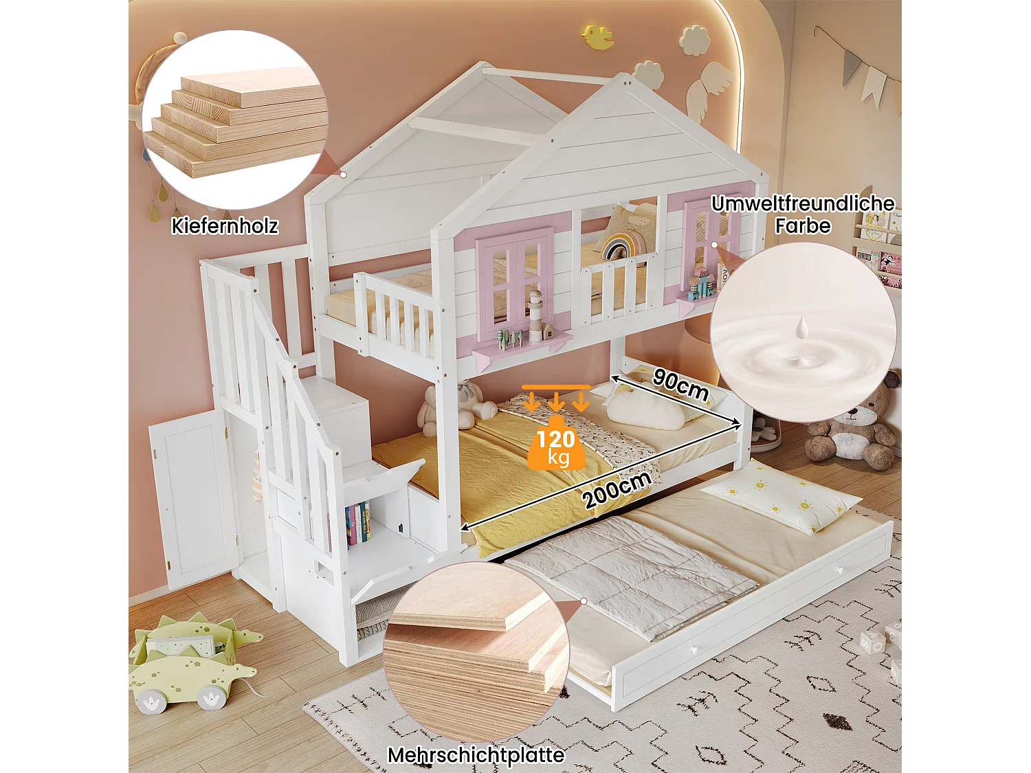 Litera con cama nido - 2 x 90 x 200 cm - con escalera de almacenaje + ventanas + techo - pino + MDF - blanco + rosa