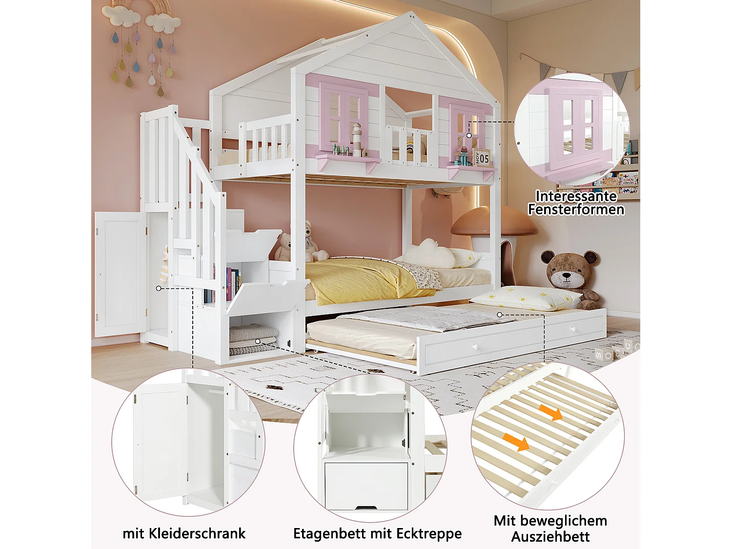 Litera con cama nido - 2 x 90 x 200 cm - con escalera de almacenaje + ventanas + techo - pino + MDF - blanco + rosa