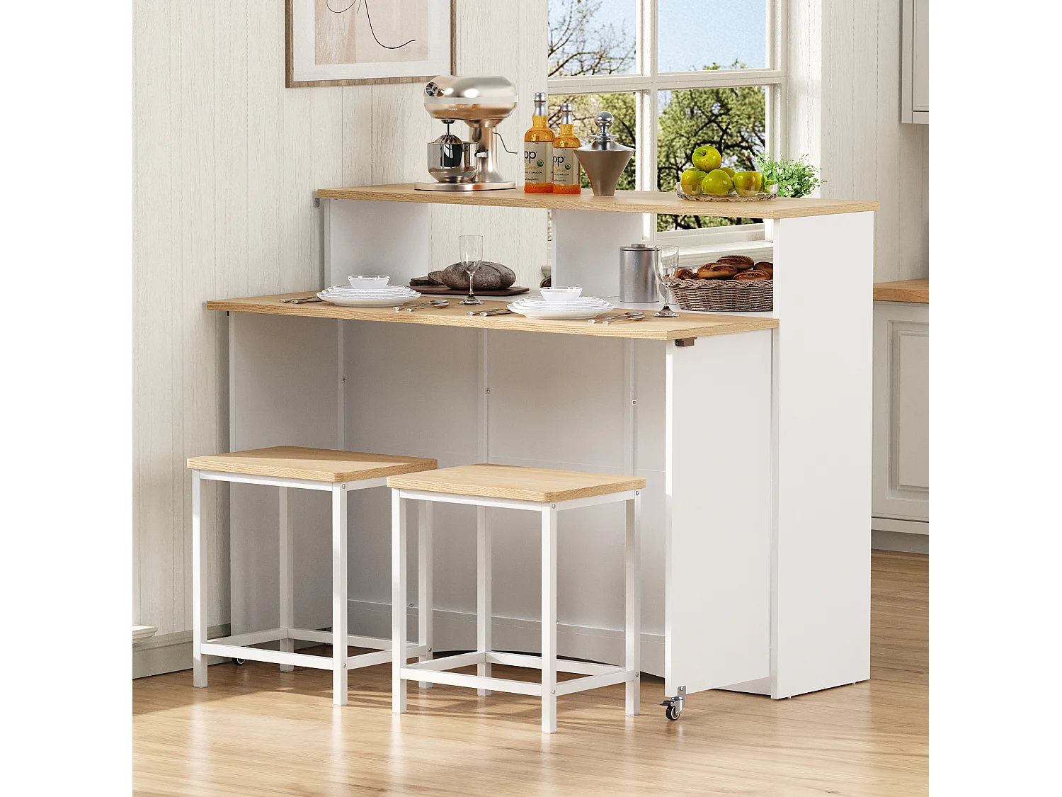 Uitschuifbaar keukeneiland op wielen - 110 x 34 x 97,5 cm - met opbergruimte + 2 krukken - MDF - wit