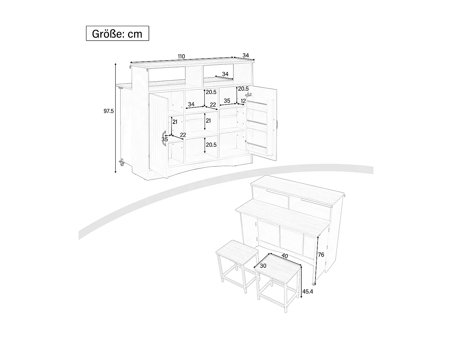 Uitschuifbaar keukeneiland op wielen - 110 x 34 x 97,5 cm - met opbergruimte + 2 krukken - MDF - wit