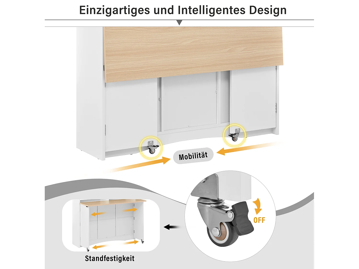 Uitschuifbaar keukeneiland op wielen - 110 x 34 x 97,5 cm - met opbergruimte + 2 krukken - MDF - wit