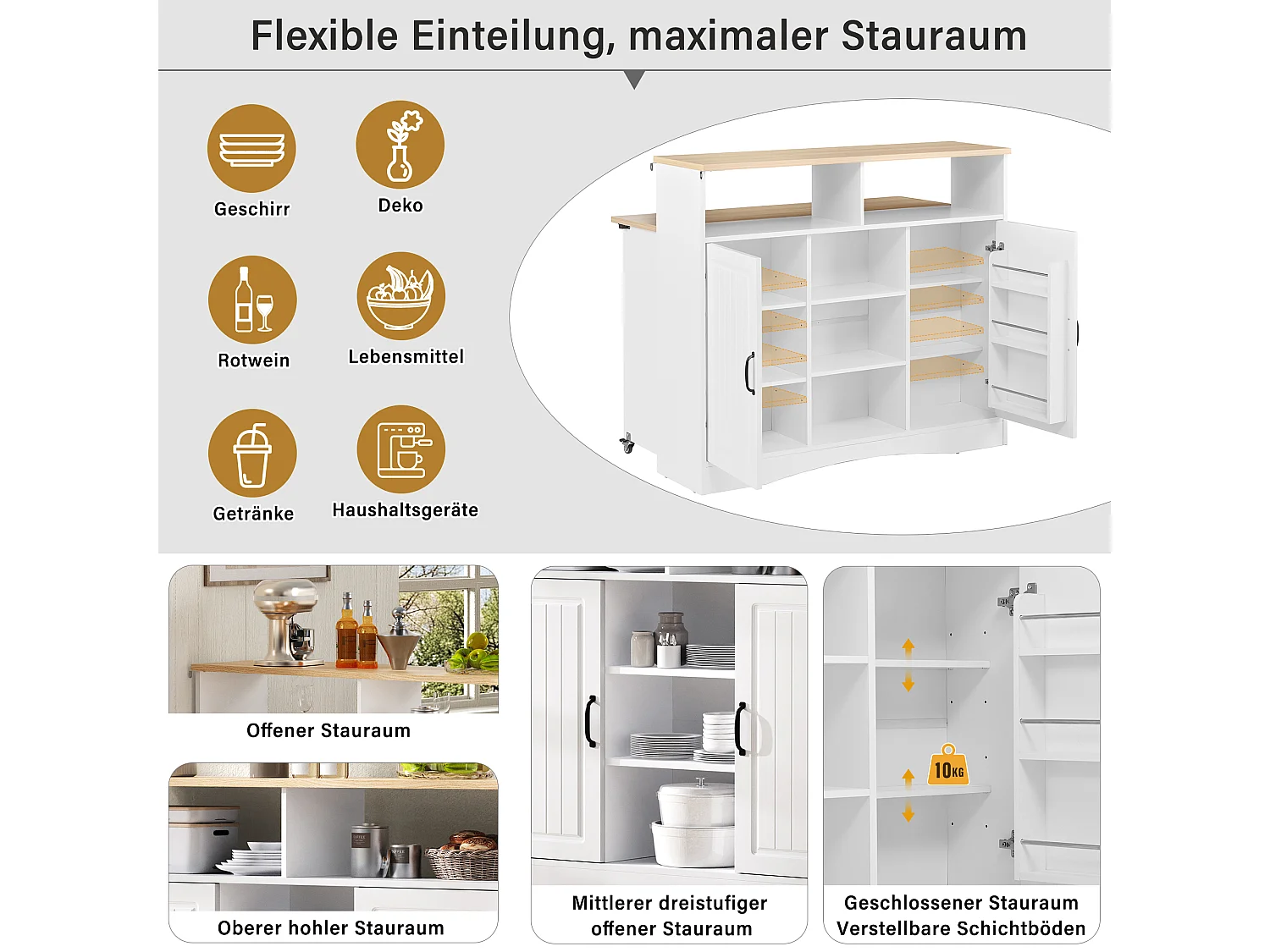 Uitschuifbaar keukeneiland op wielen - 110 x 34 x 97,5 cm - met opbergruimte + 2 krukken - MDF - wit