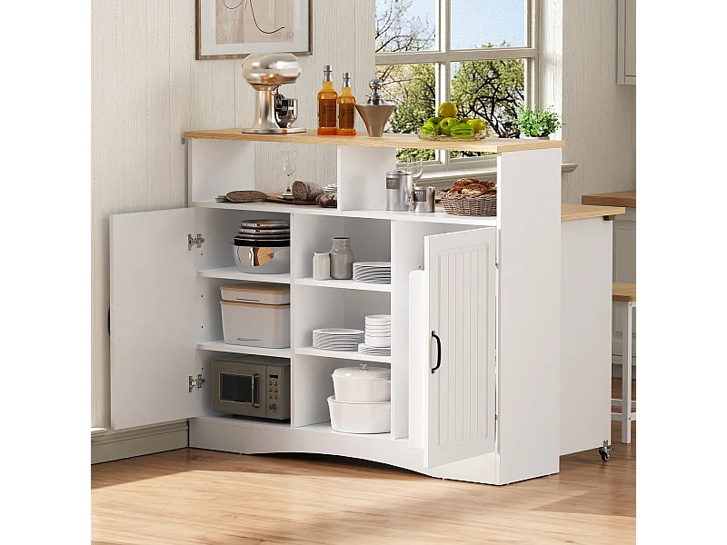 Uitschuifbaar keukeneiland op wielen - 110 x 34 x 97,5 cm - met opbergruimte + 2 krukken - MDF - wit