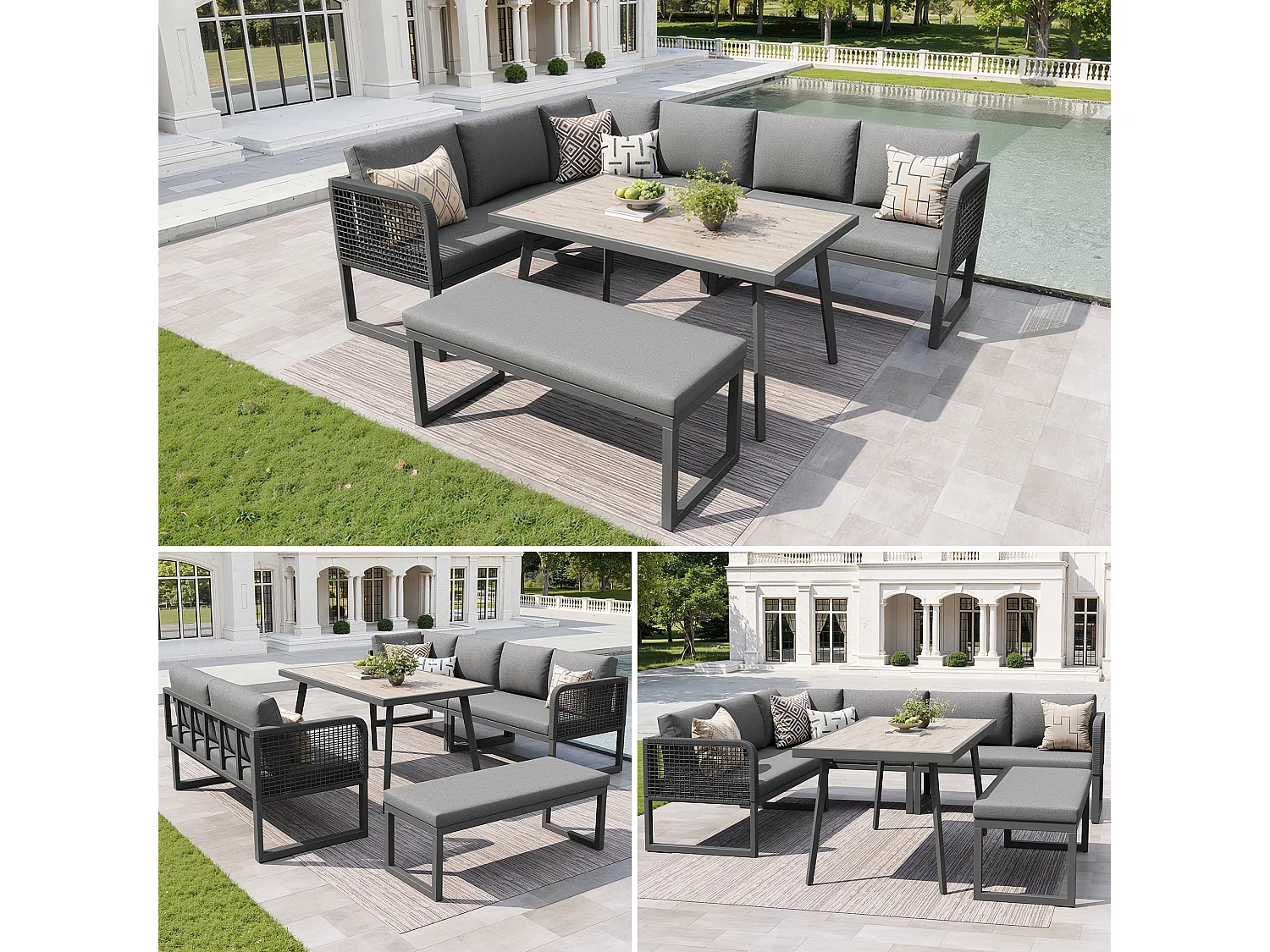 Ensemble de mobilier de jardin 6-8 places - avec coussins + table + banc + canapés en rotin tressé à la main - gris