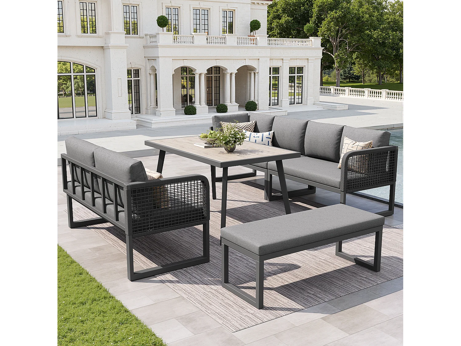 Ensemble de mobilier de jardin 6-8 places - avec coussins + table + banc + canapés en rotin tressé à la main - gris