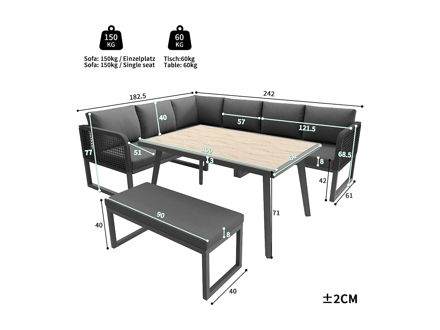 Ensemble de mobilier de jardin 6-8 places - avec coussins + table + banc + canapés en rotin tressé à la main - gris
