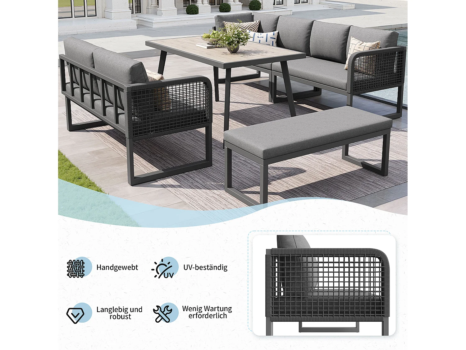 Ensemble de mobilier de jardin 6-8 places - avec coussins + table + banc + canapés en rotin tressé à la main - gris