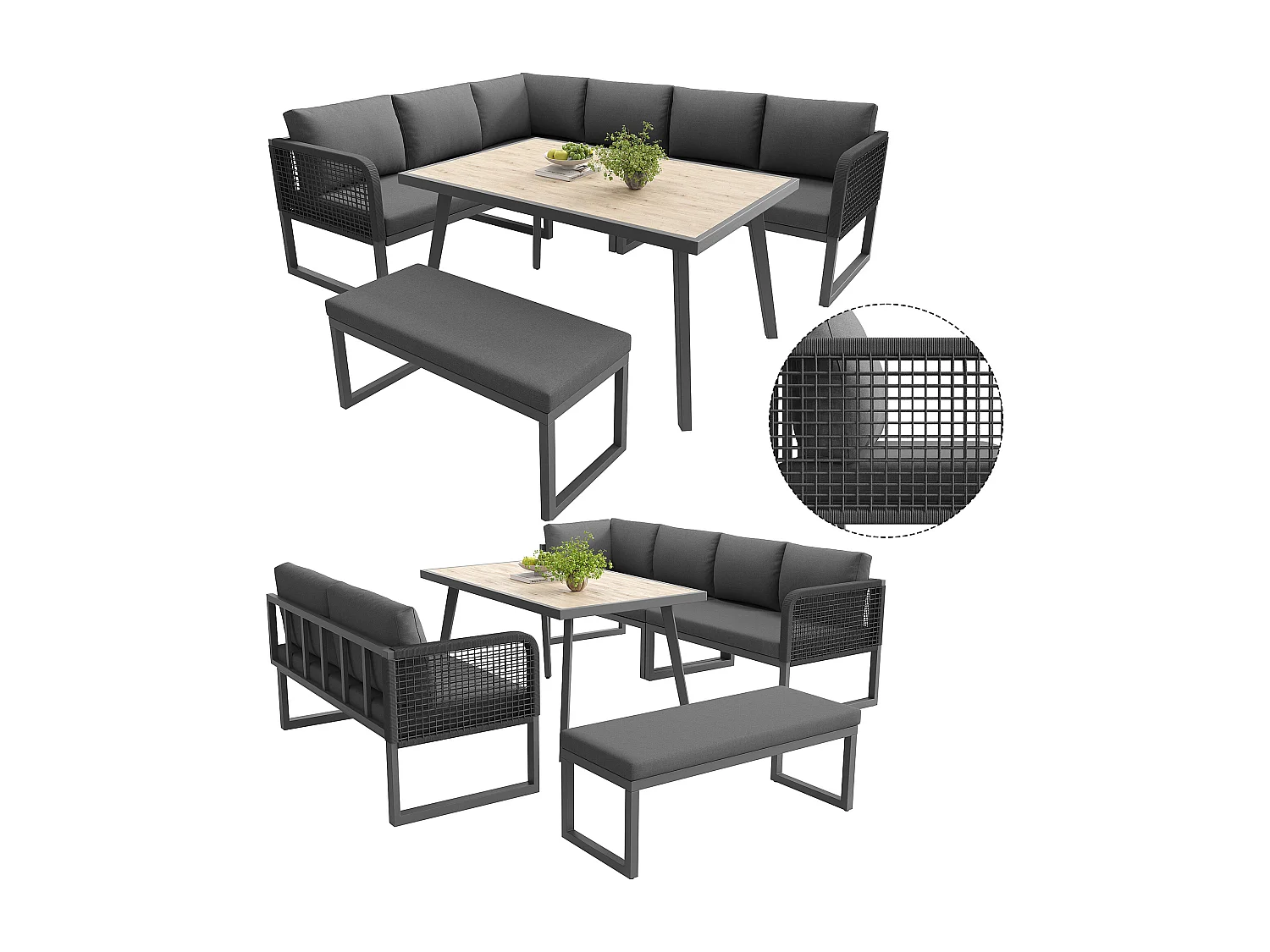 Ensemble de mobilier de jardin 6-8 places - avec coussins + table + banc + canapés en rotin tressé à la main - gris