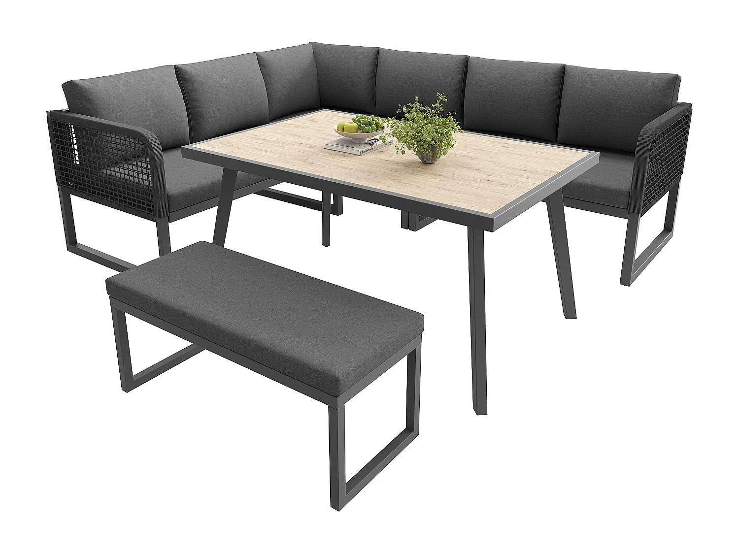 Ensemble de mobilier de jardin 6-8 places - avec coussins + table + banc + canapés en rotin tressé à la main - gris