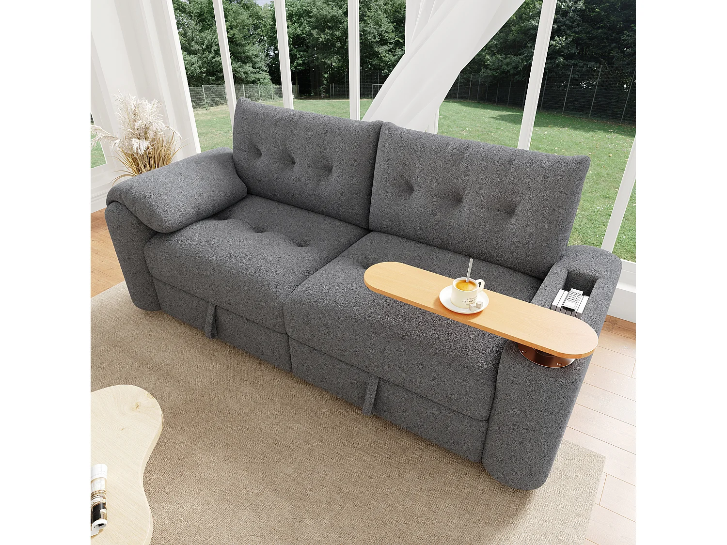 Canapé moderne 2 places - 207.5 x 80 x 87 cm - avec rangement + appui-tête + table d'appoint intégrée - velours - gris