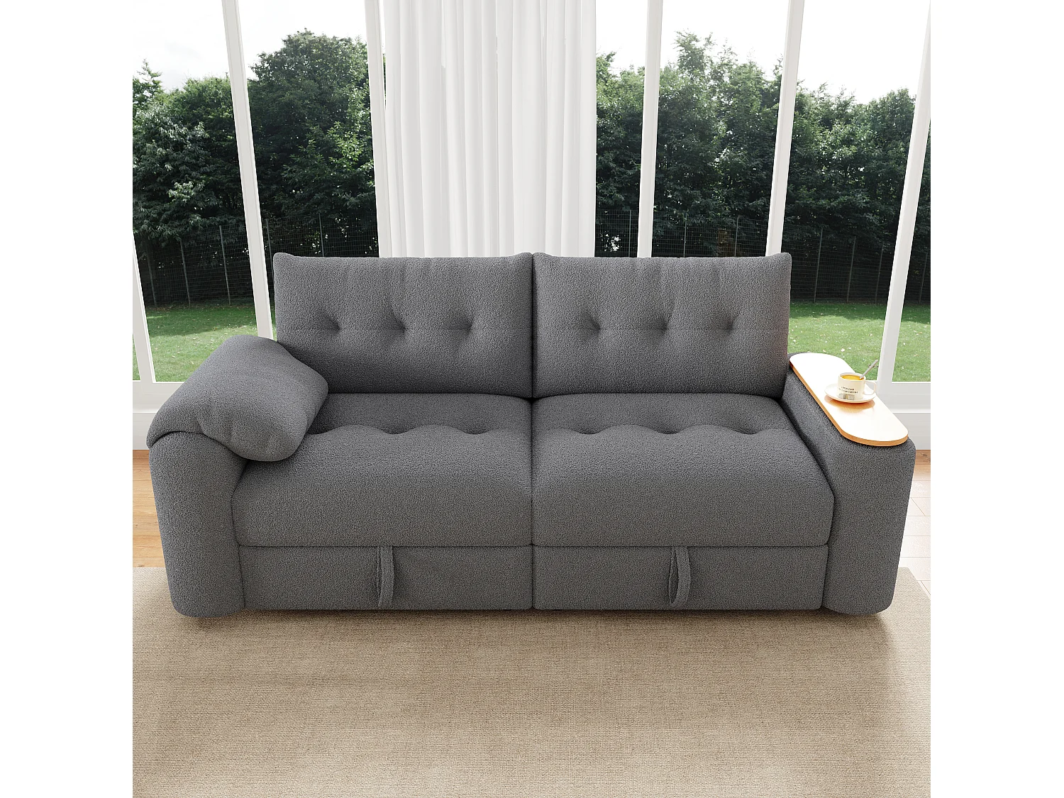 Canapé moderne 2 places - 207.5 x 80 x 87 cm - avec rangement + appui-tête + table d'appoint intégrée - velours - gris