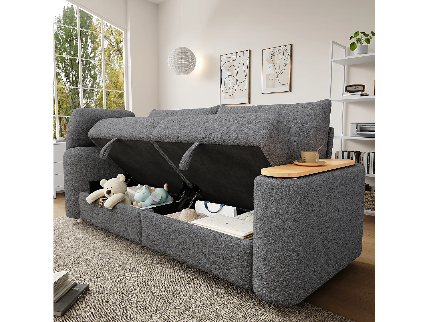 Canapé moderne 2 places - 207.5 x 80 x 87 cm - avec rangement + appui-tête + table d'appoint intégrée - velours - gris