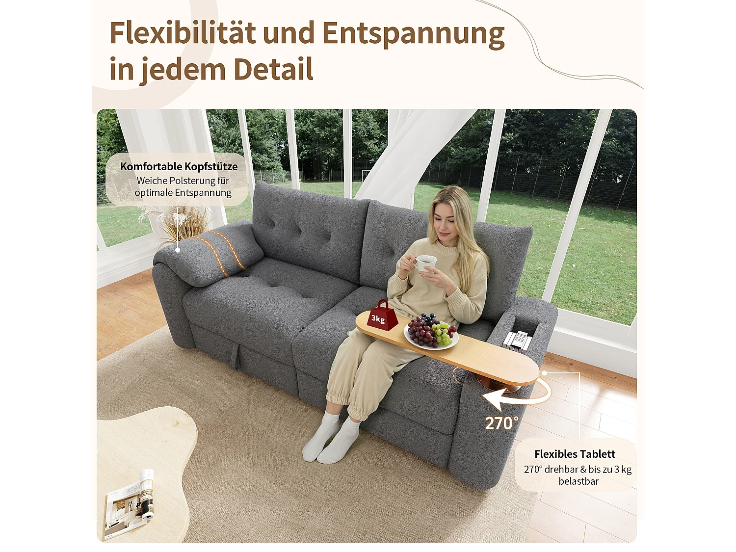 Canapé moderne 2 places - 207.5 x 80 x 87 cm - avec rangement + appui-tête + table d'appoint intégrée - velours - gris