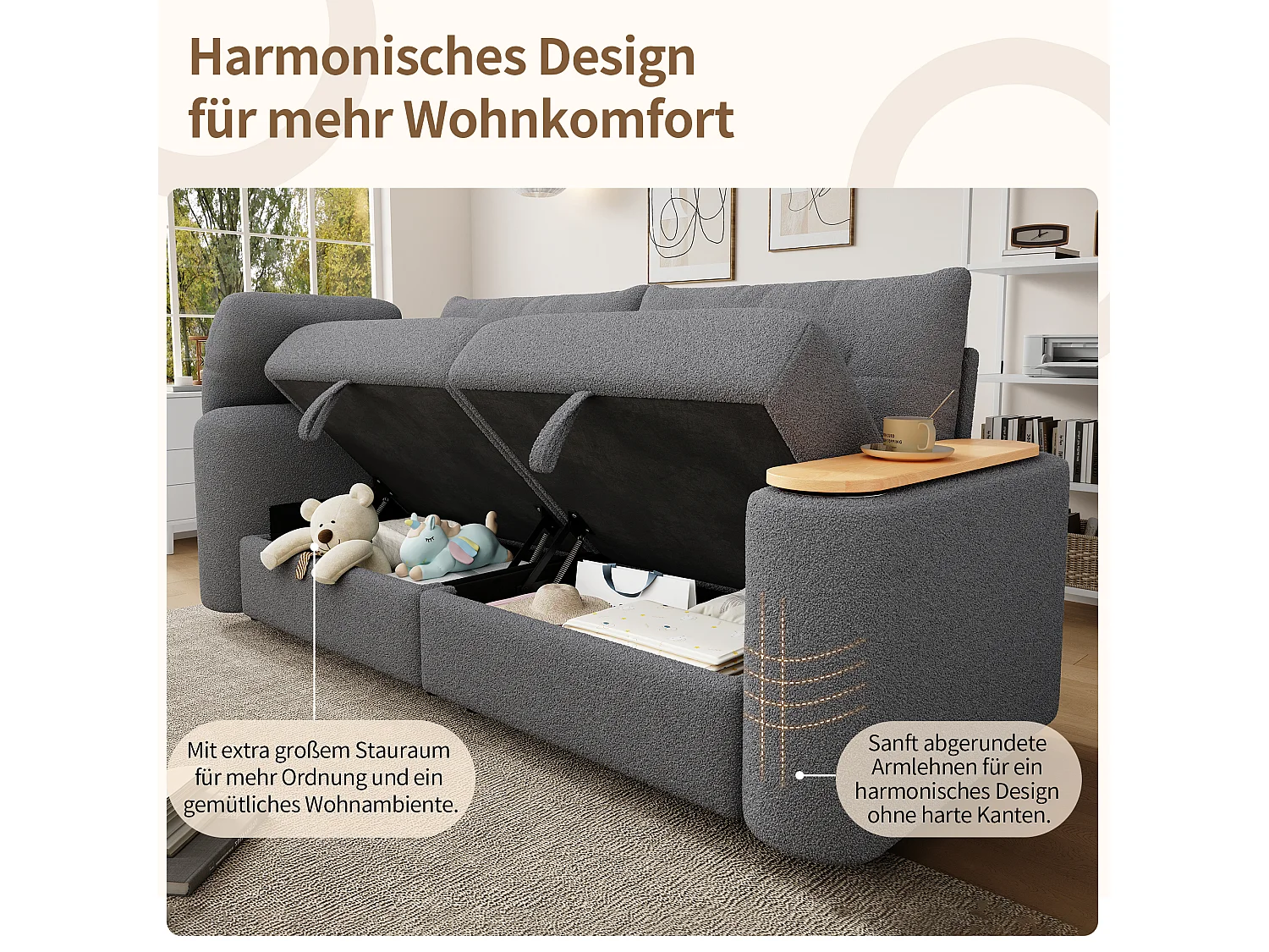 Canapé moderne 2 places - 207.5 x 80 x 87 cm - avec rangement + appui-tête + table d'appoint intégrée - velours - gris