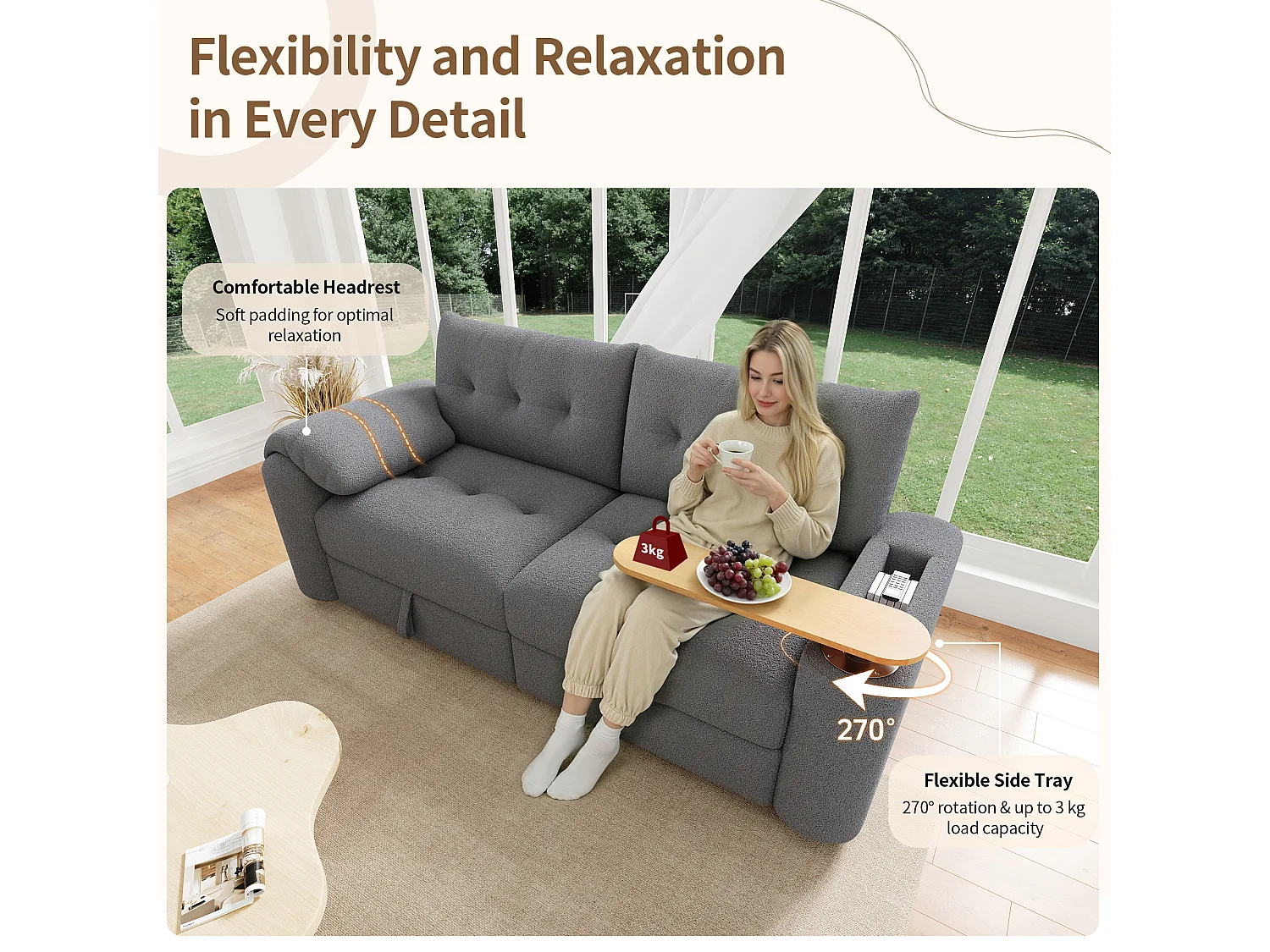 Canapé moderne 2 places - 207.5 x 80 x 87 cm - avec rangement + appui-tête + table d'appoint intégrée - velours - gris