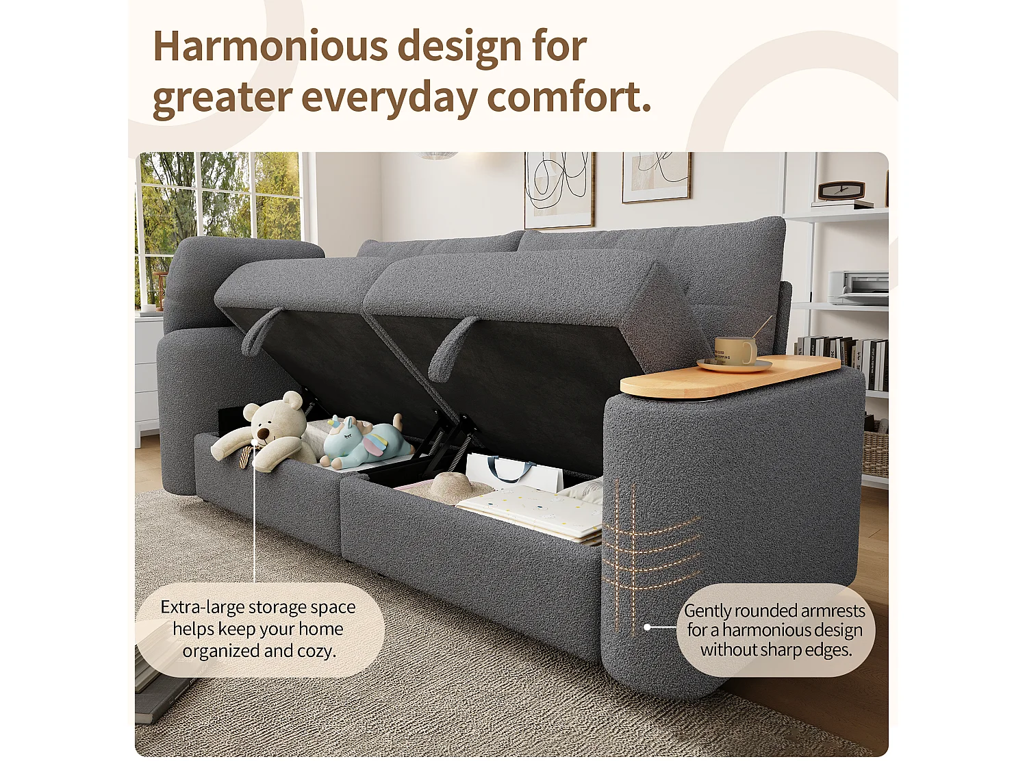 Canapé moderne 2 places - 207.5 x 80 x 87 cm - avec rangement + appui-tête + table d'appoint intégrée - velours - gris