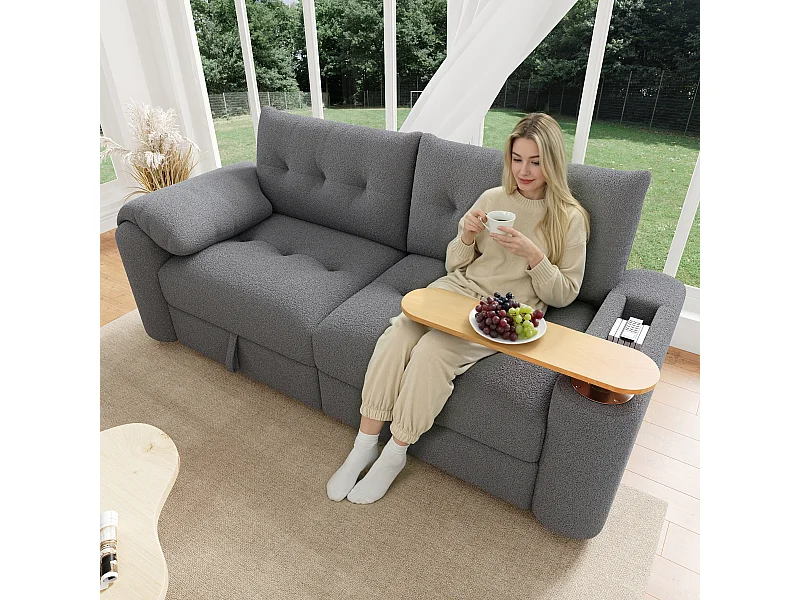 Canapé moderne 2 places - 207.5 x 80 x 87 cm - avec rangement + appui-tête + table d'appoint intégrée - velours - gris