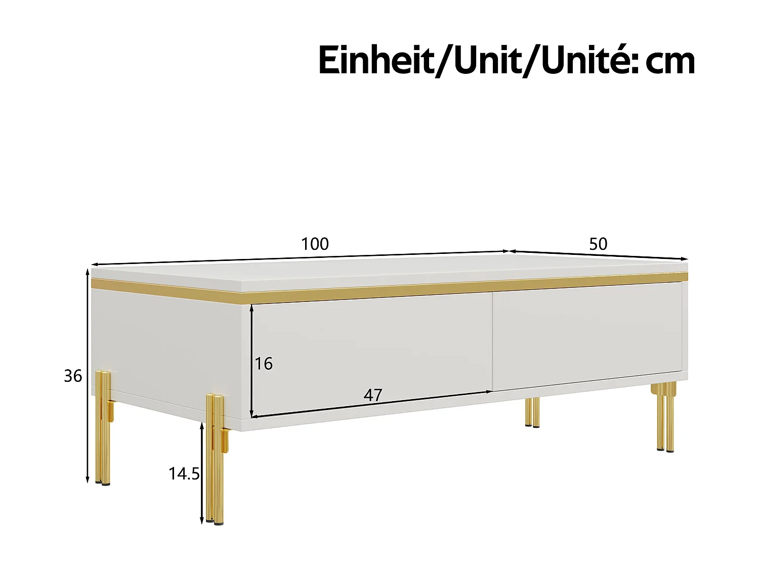 Moderner, hochglanzlackierter Couchtisch – 100 x 50 x 36 cm – mit 2 Schubladen – Spanplatte – weiß