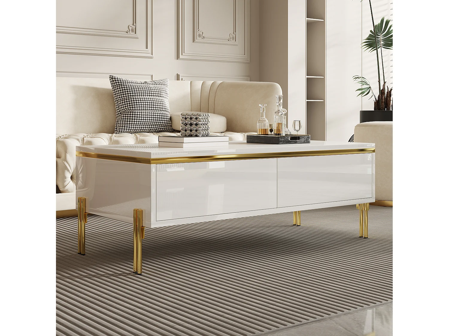 Moderner, hochglanzlackierter Couchtisch – 100 x 50 x 36 cm – mit 2 Schubladen – Spanplatte – weiß