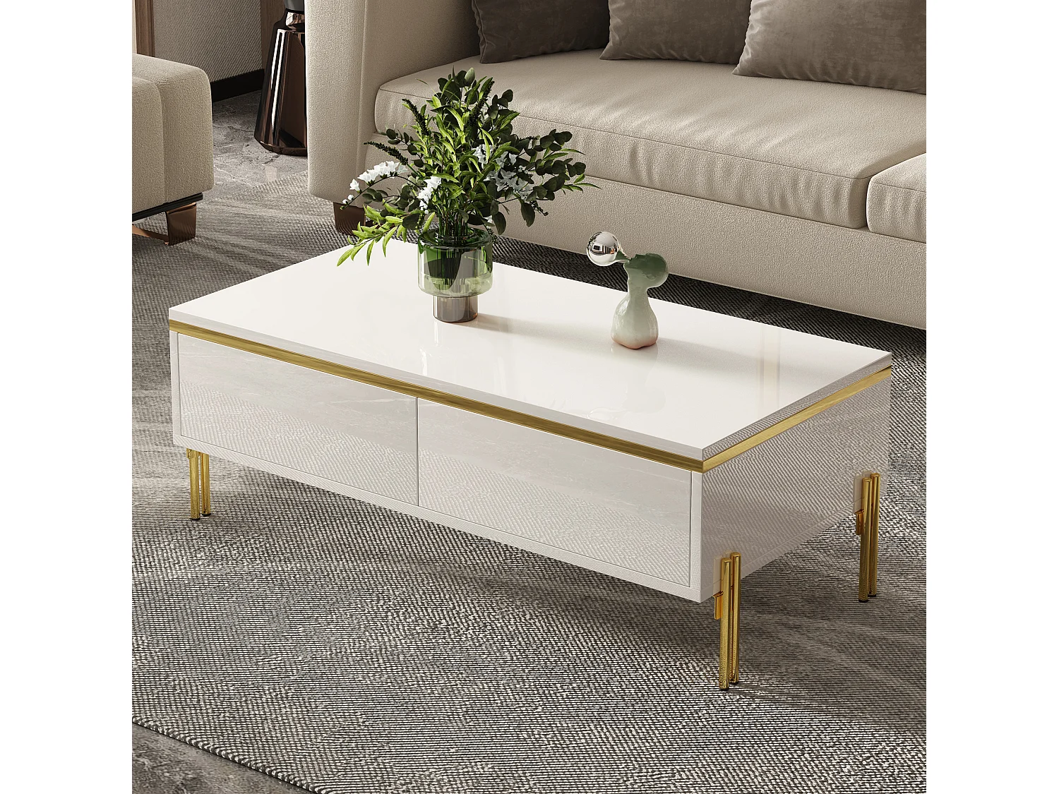 Moderner, hochglanzlackierter Couchtisch – 100 x 50 x 36 cm – mit 2 Schubladen – Spanplatte – weiß