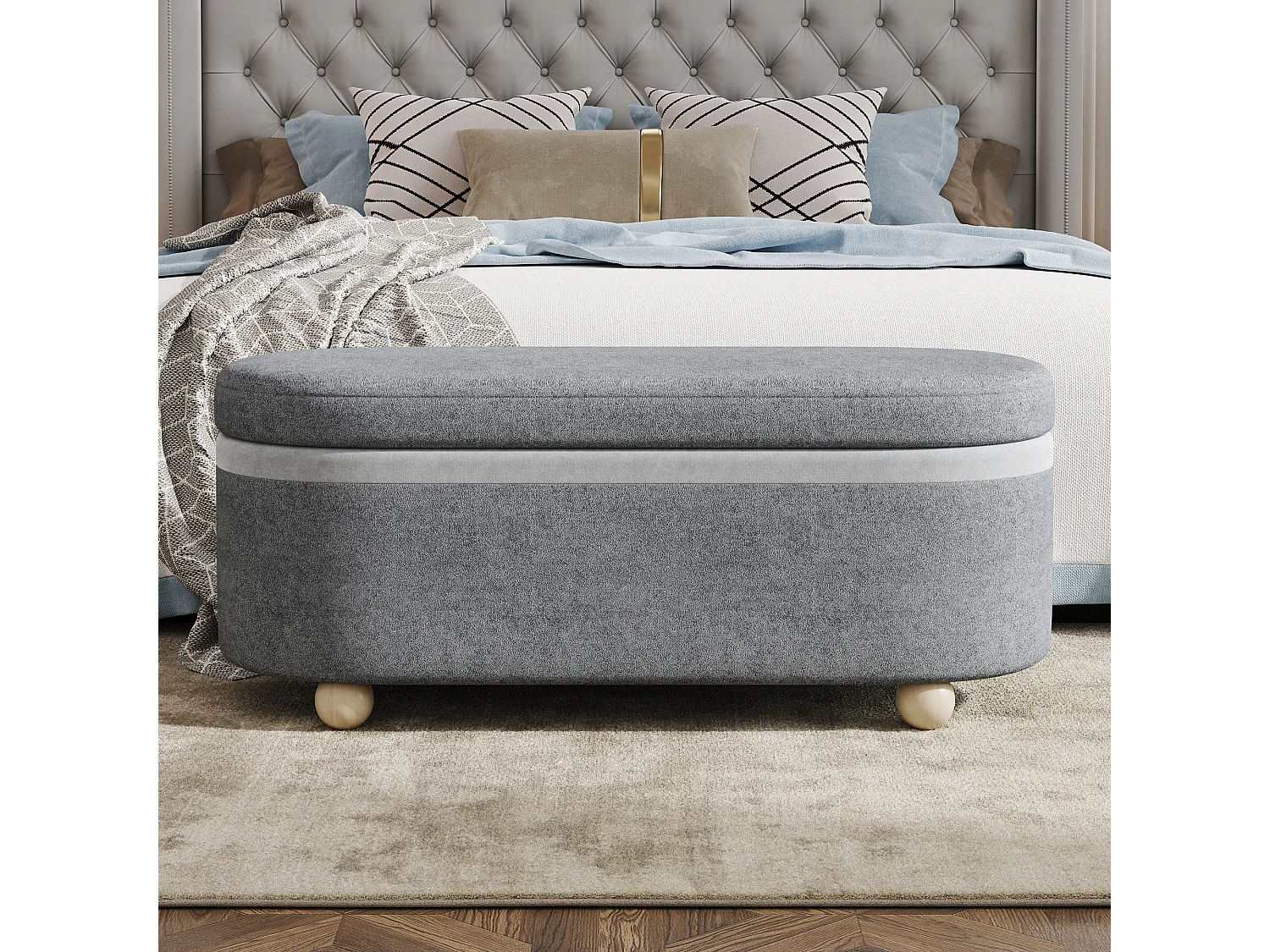 Aufbewahrungsbank mit weichem Fleecebezug – 110 x 41 x 47 cm – für Wohn-/Schlafzimmer – Fleece – grau