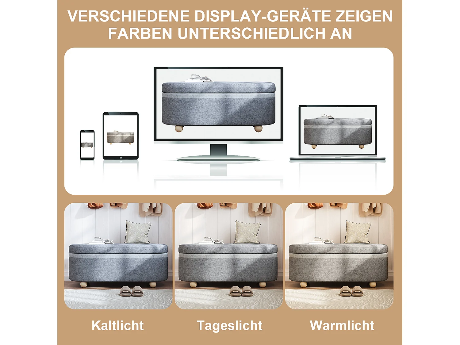 Aufbewahrungsbank mit weichem Fleecebezug – 110 x 41 x 47 cm – für Wohn-/Schlafzimmer – Fleece – grau