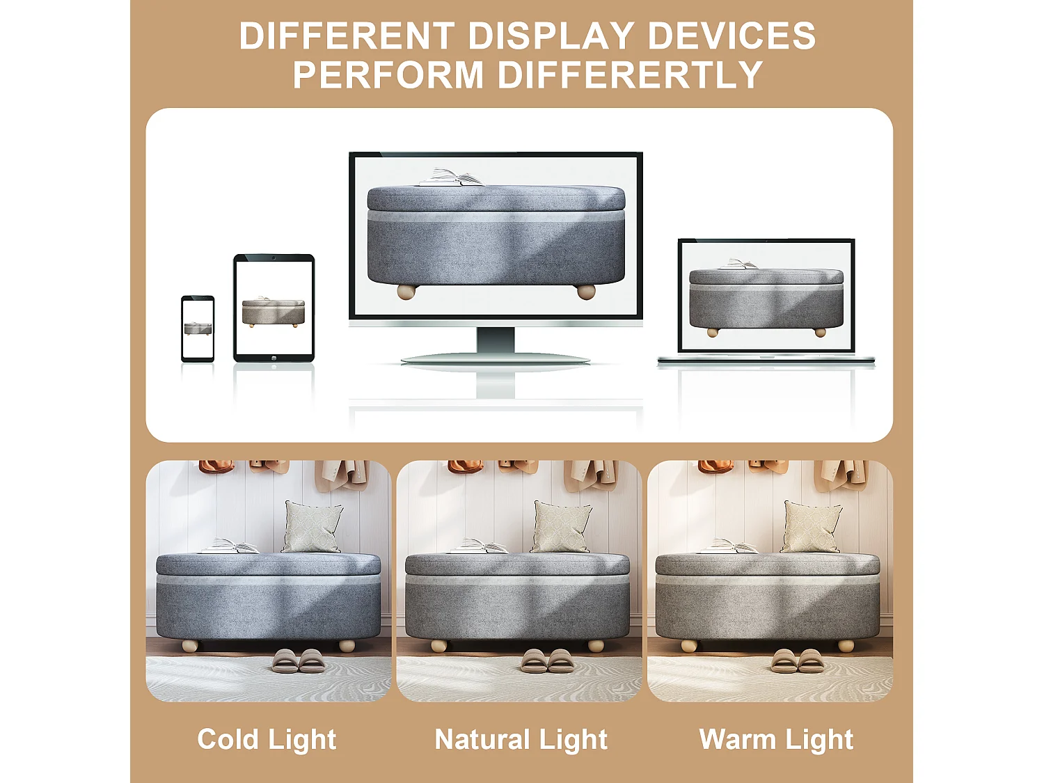 Aufbewahrungsbank mit weichem Fleecebezug – 110 x 41 x 47 cm – für Wohn-/Schlafzimmer – Fleece – grau