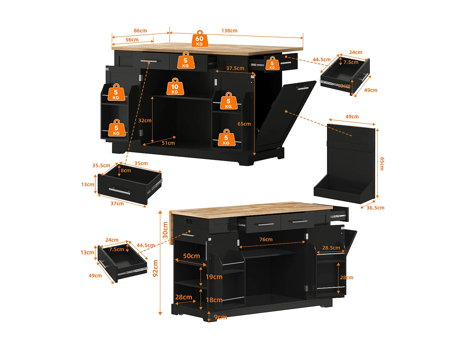 Keukeneiland met inklapbaar werkblad - 138 x 56/86 x 92 cm - met lades en deuren - MDF - zwart